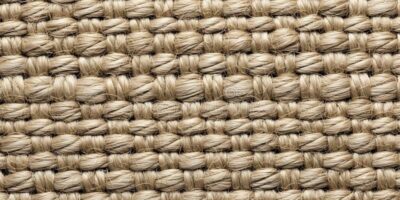 Nærbilde av grovt, beige sisal- eller jutestoff i vevd struktur